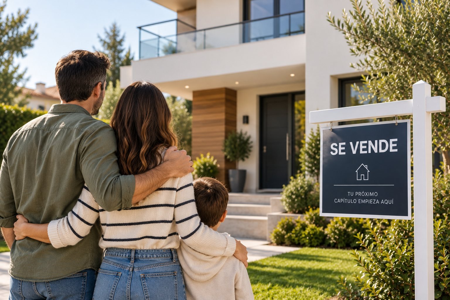 Familia abrazada de espaldas frente a una vivienda moderna, junto a un cartel de "Se vende: tu próximo capítulo empieza aquí"